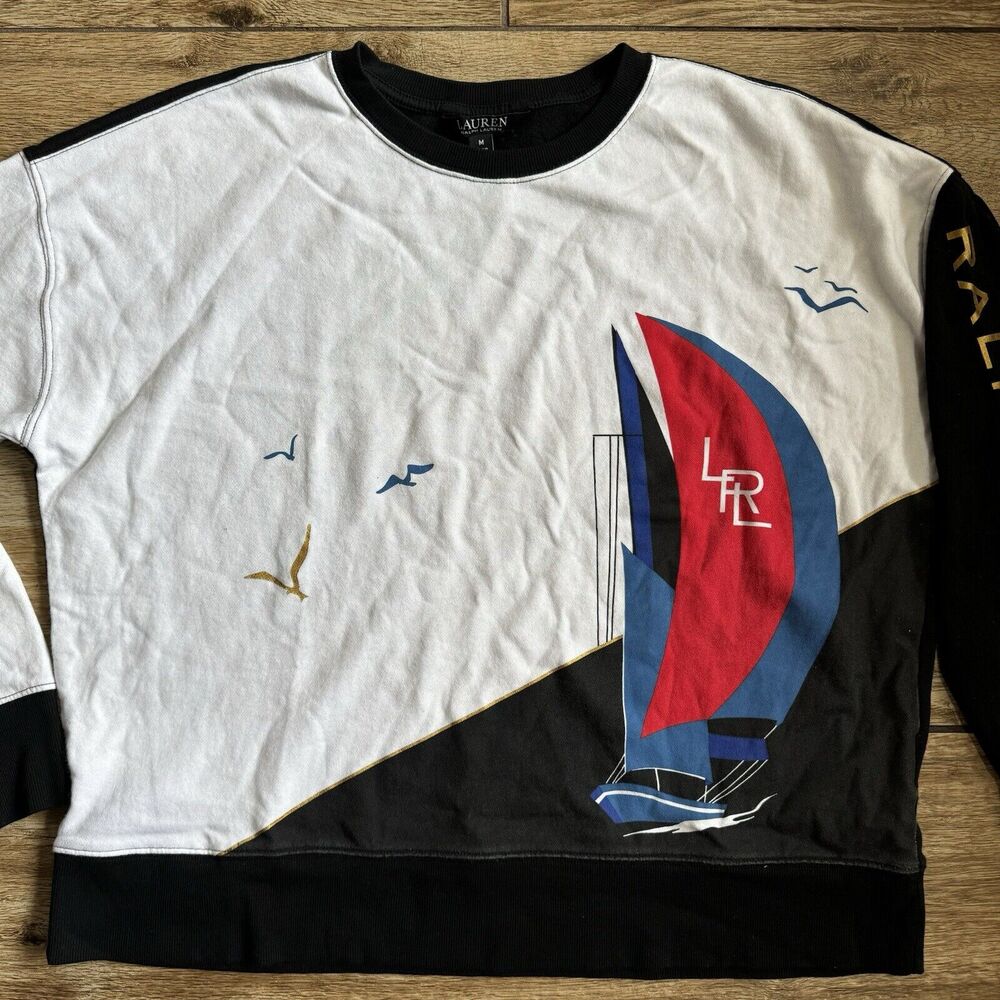 Lauren Ralph Lauren Women's Sweatshirt Black White M Graphic Boat Yacht Logo - Picture 3 of 12